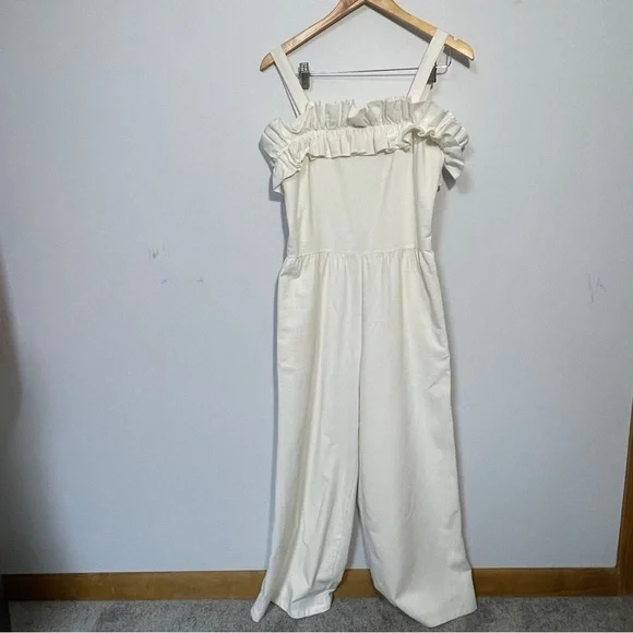 Lucca Ivory Linen Wide Leg Ruffled Jumpsuit with pockets size small - Picture 2 of 14